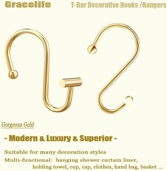 Gracelife Gold Rust Resistant Metal Shower Curtain Rings, Set of 12, T-Bar Hooks for Shower Rod - Image 4